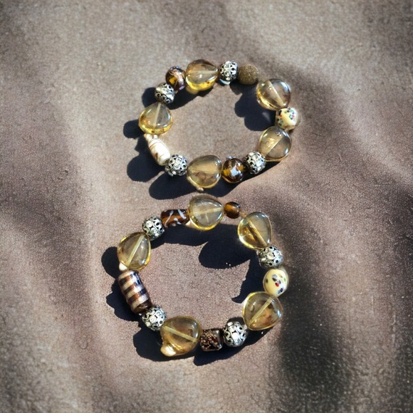 Boho Amber/Brown/Silver Chunky Beaded Stretch Bracelet - Picture 8 of 15